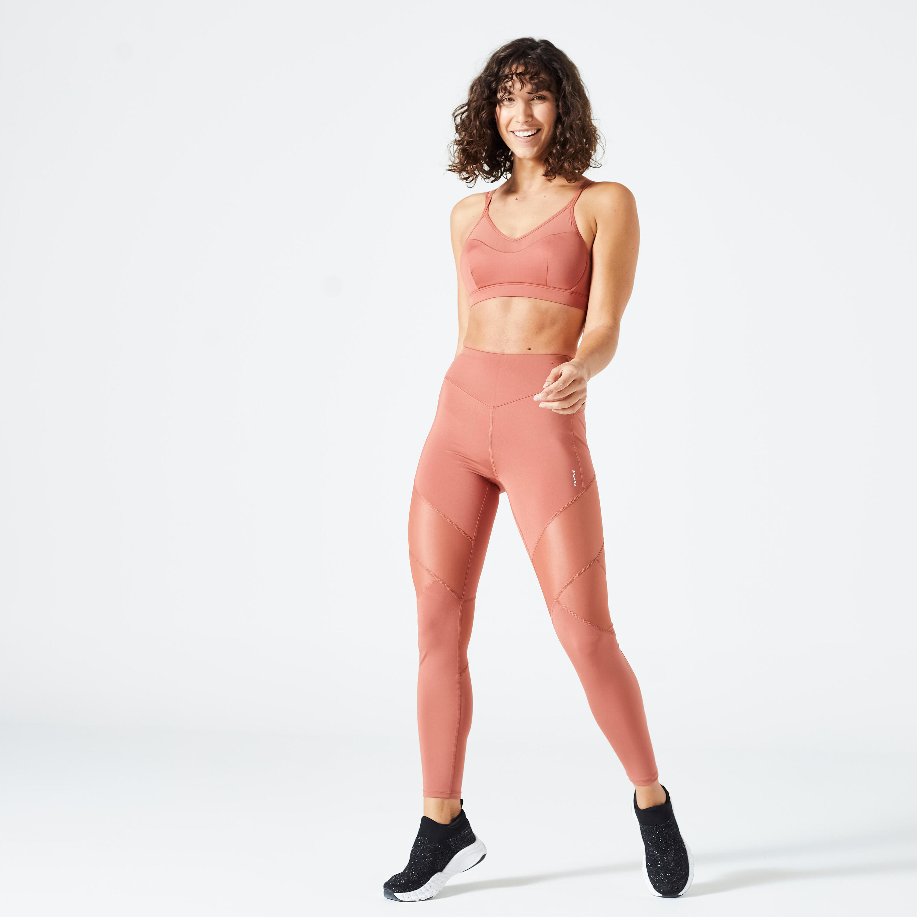 Legging taille haute bimatière Fitness Cardio Femme Terracotta 2/6
