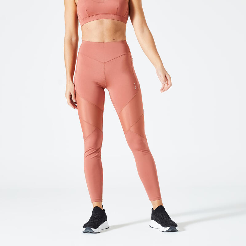 Dameslegging voor cardiofitness met hoge taille twee materialen terracotta