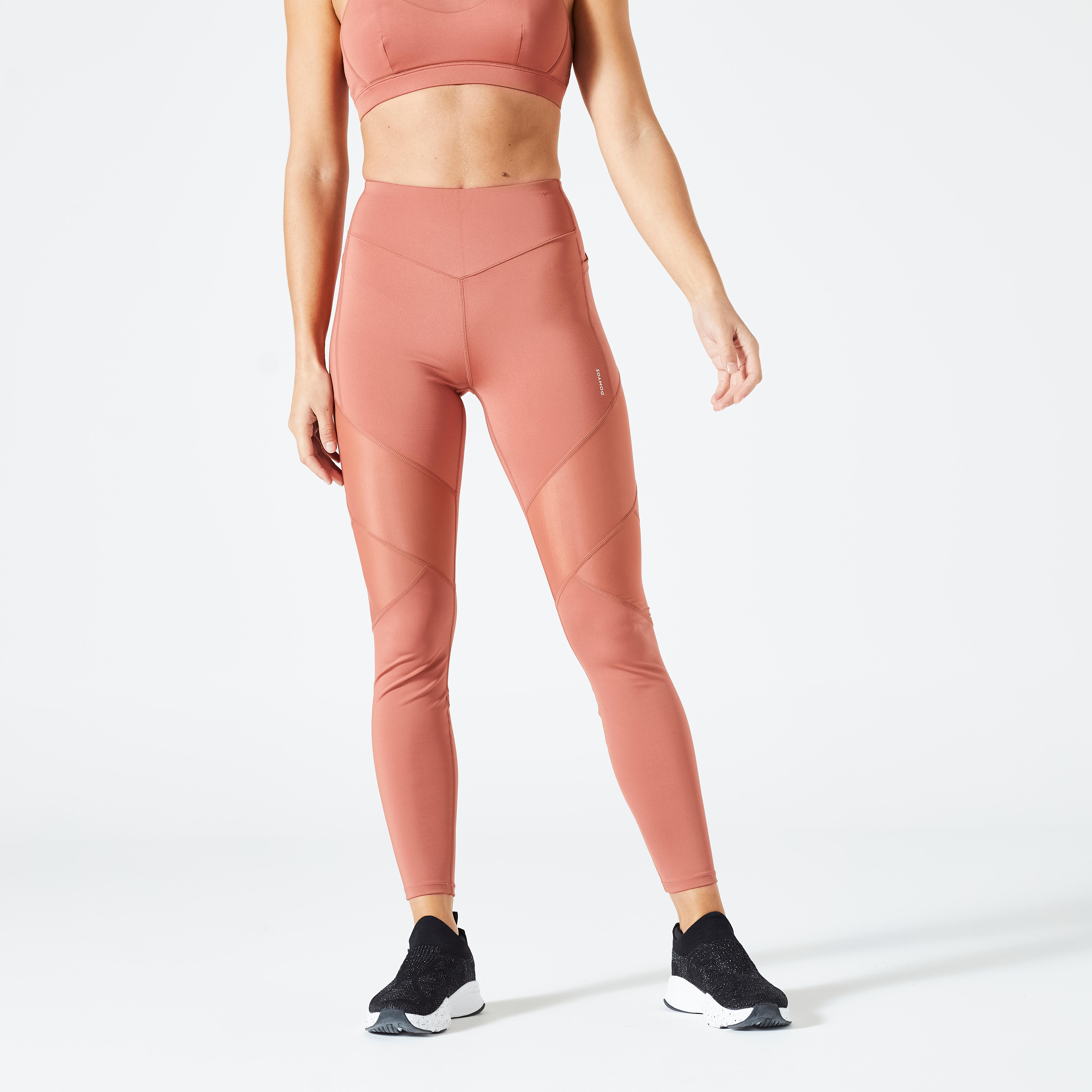 Leggings bi-materiale a vita alta Fitness Cardio Terracotta da donna