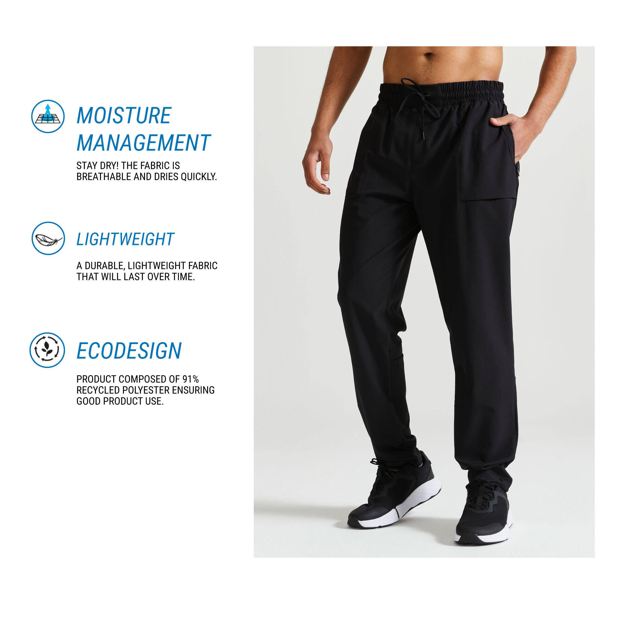 Men Gym Trackpant Convertible, Jog Fit, Quick Dry, Zip Pockets, 500 - Black -  4
