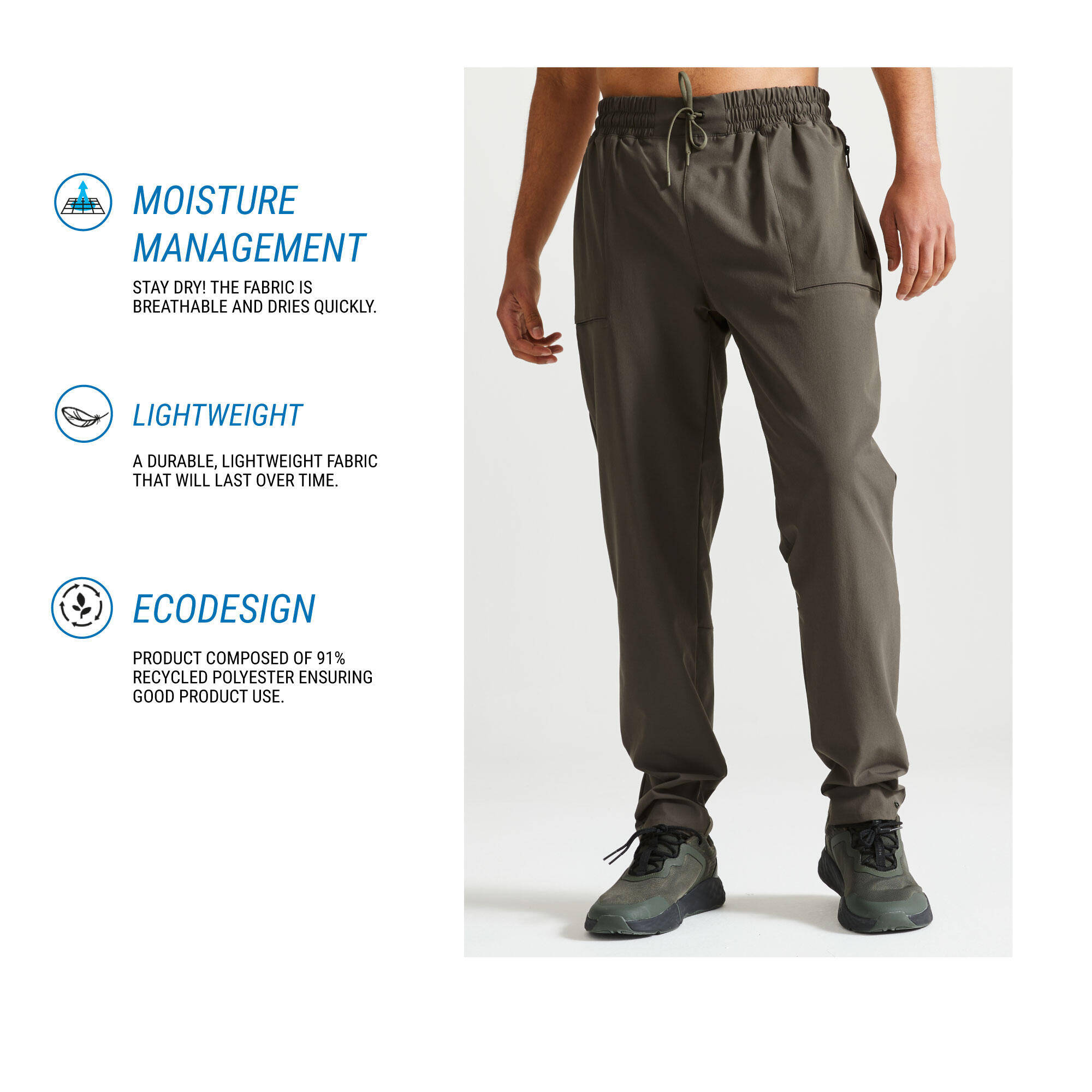 Men Gym Trackpant Convertible, Jog Fit, Quick Dry, Zip Pockets, 500 - Khaki -  4