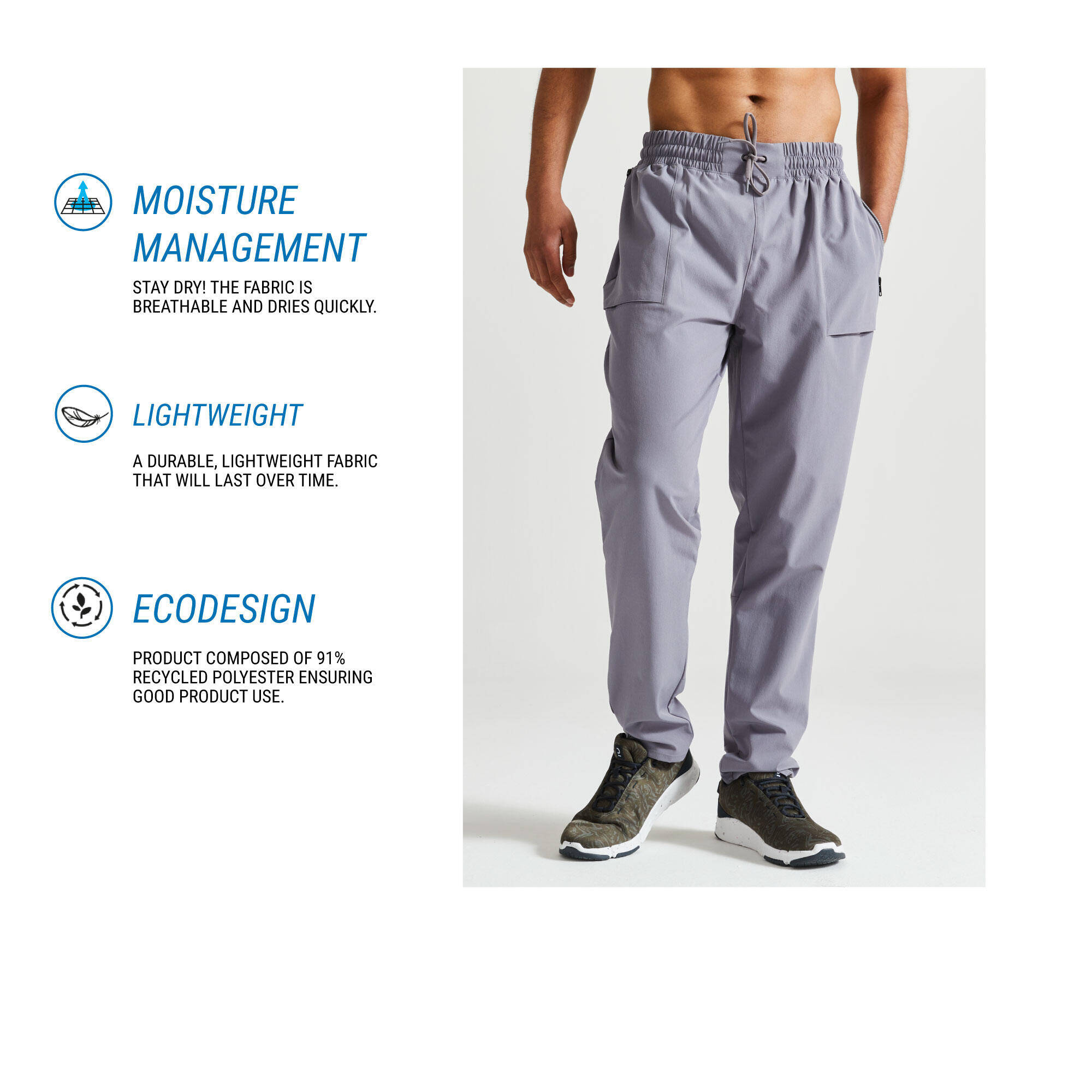 Men Gym Trackpant Convertible, Jog Fit, Quick Dry, Zip Pockets, 500 - Grey -  2