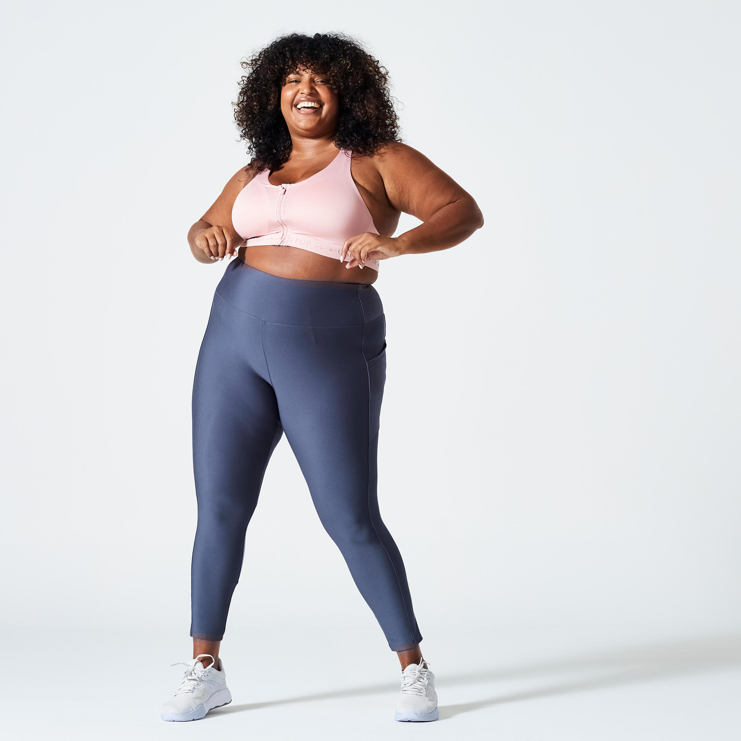 Women's plus size sports leggings with pocket, grey and purple 2/5