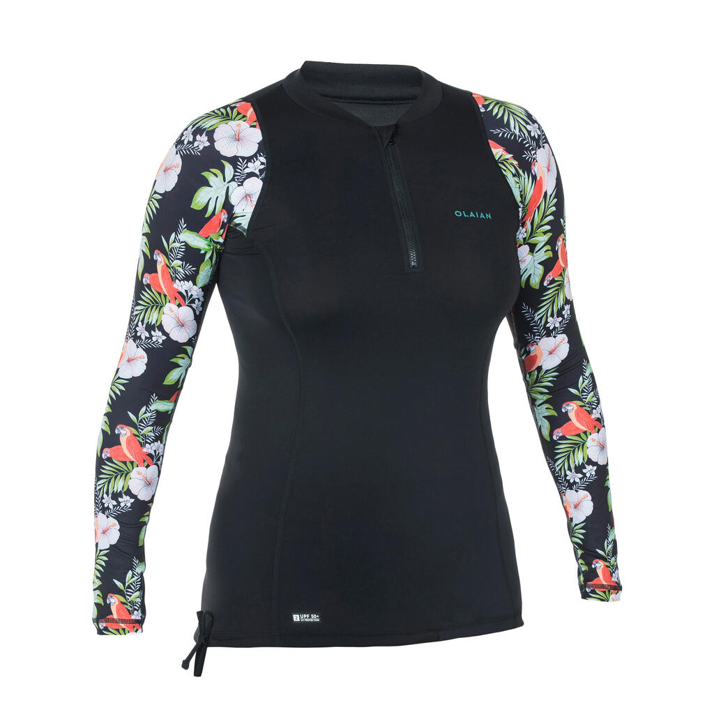 UV-Shirt Damen langarm - 500 Tropical schwarz/grün