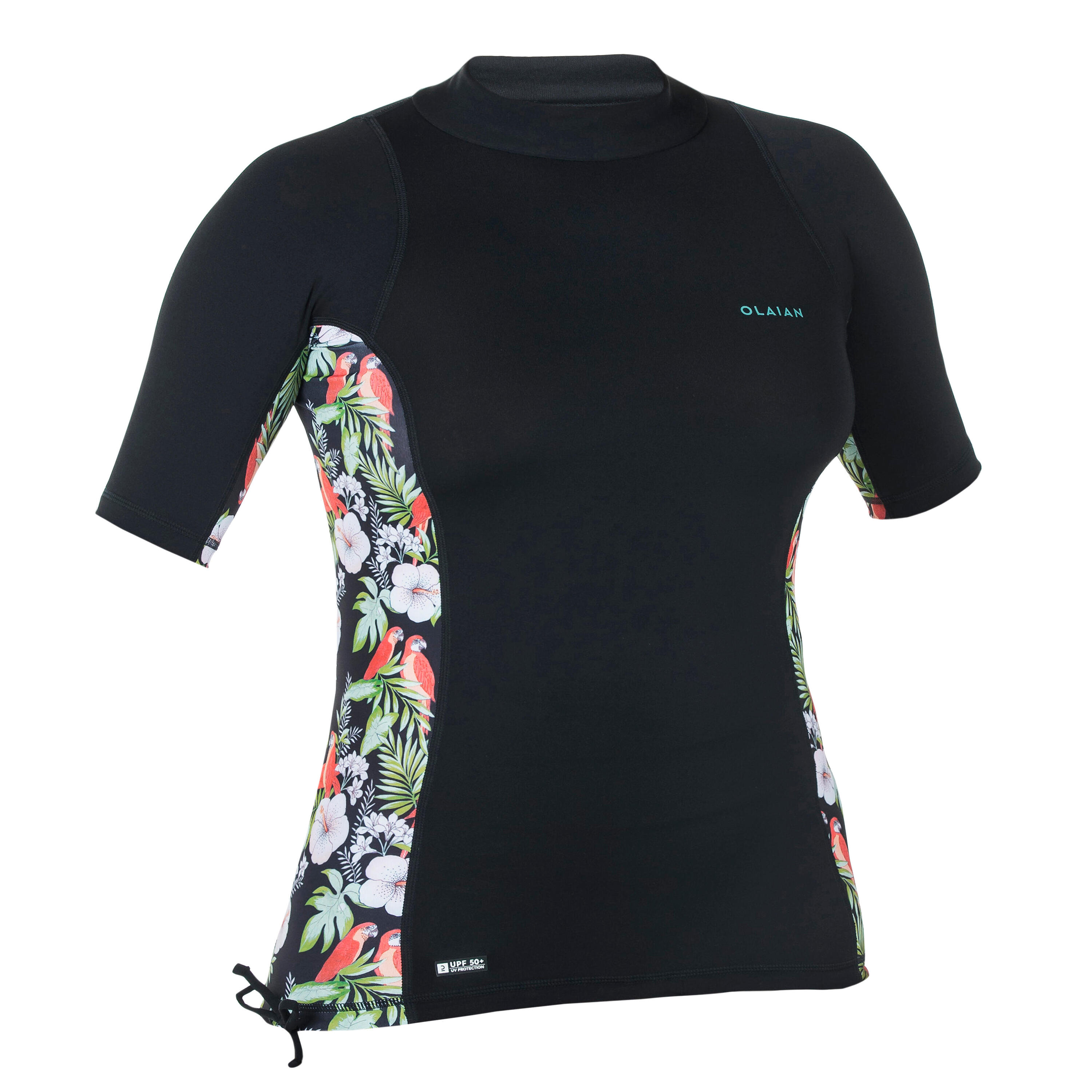 Playera de surf anti-UV de manga corta negra con flores para mujer 500 Parrot 9/15