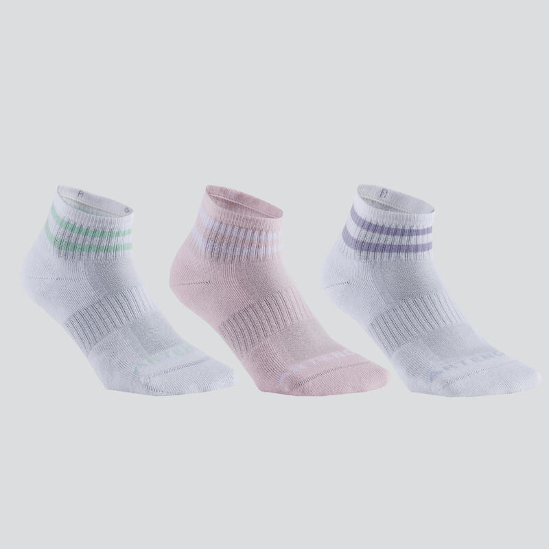 Mid Tennis Socks RS 500 Tri-Pack - White/Purple/Stripes