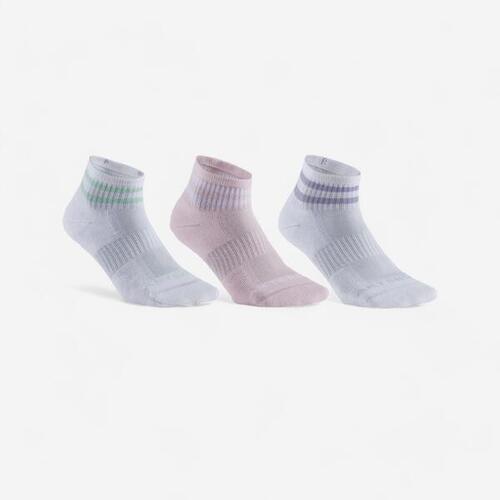 CHAUSSETTES DE TENNIS MI-HAUTES ARTENGO RS 500 BLANC VIOLET BANDES LOT DE 3