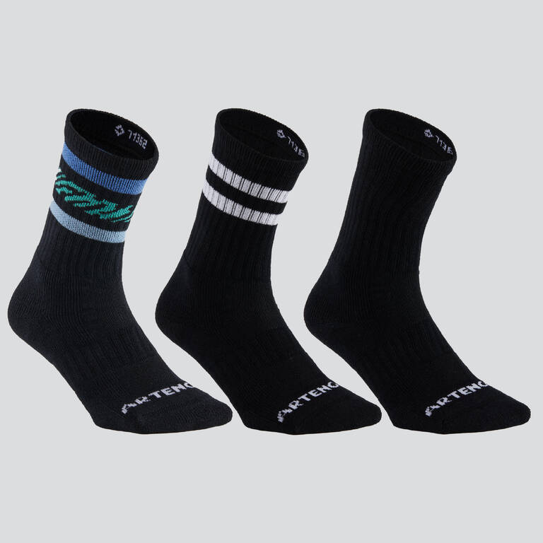 High Tennis Socks RS 500 Tri-Pack - Black/Stripes