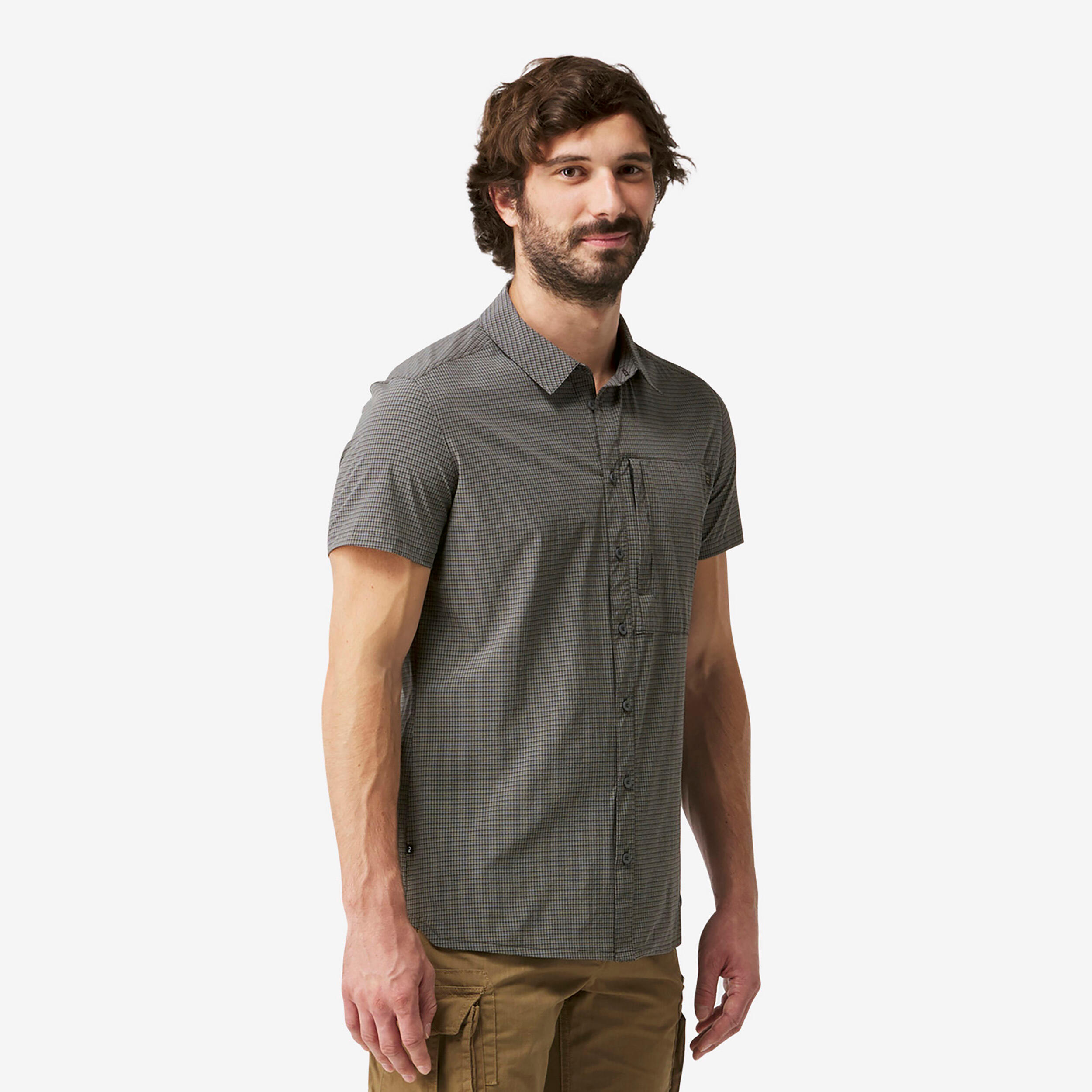 MEN’S SHORT-SLEEVED TREKKING SHIRT TRAVEL 500 STRETCH GREY 1/5