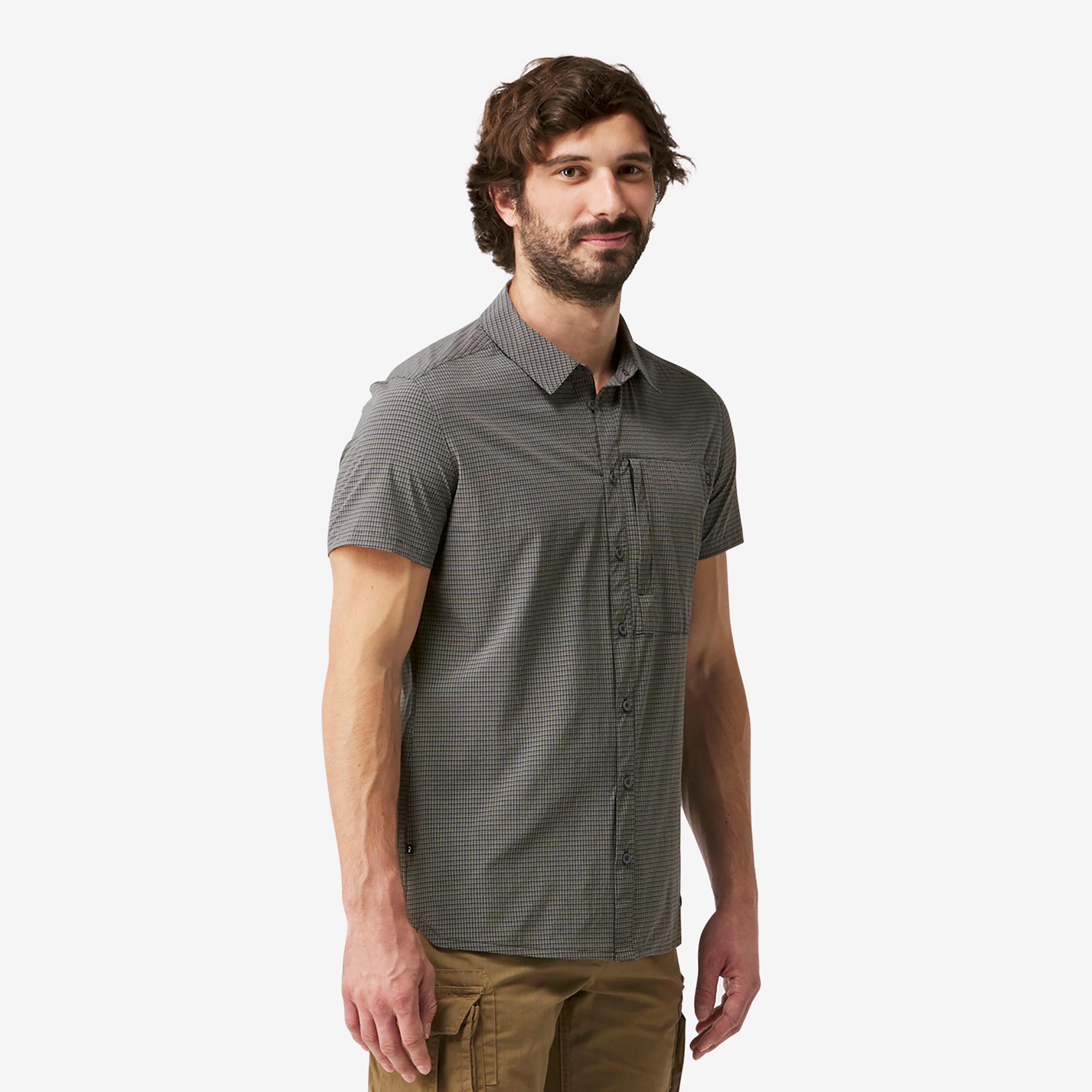 chemise de trekking voyage travel 500 stretch manches courtes gris homme - forclaz
