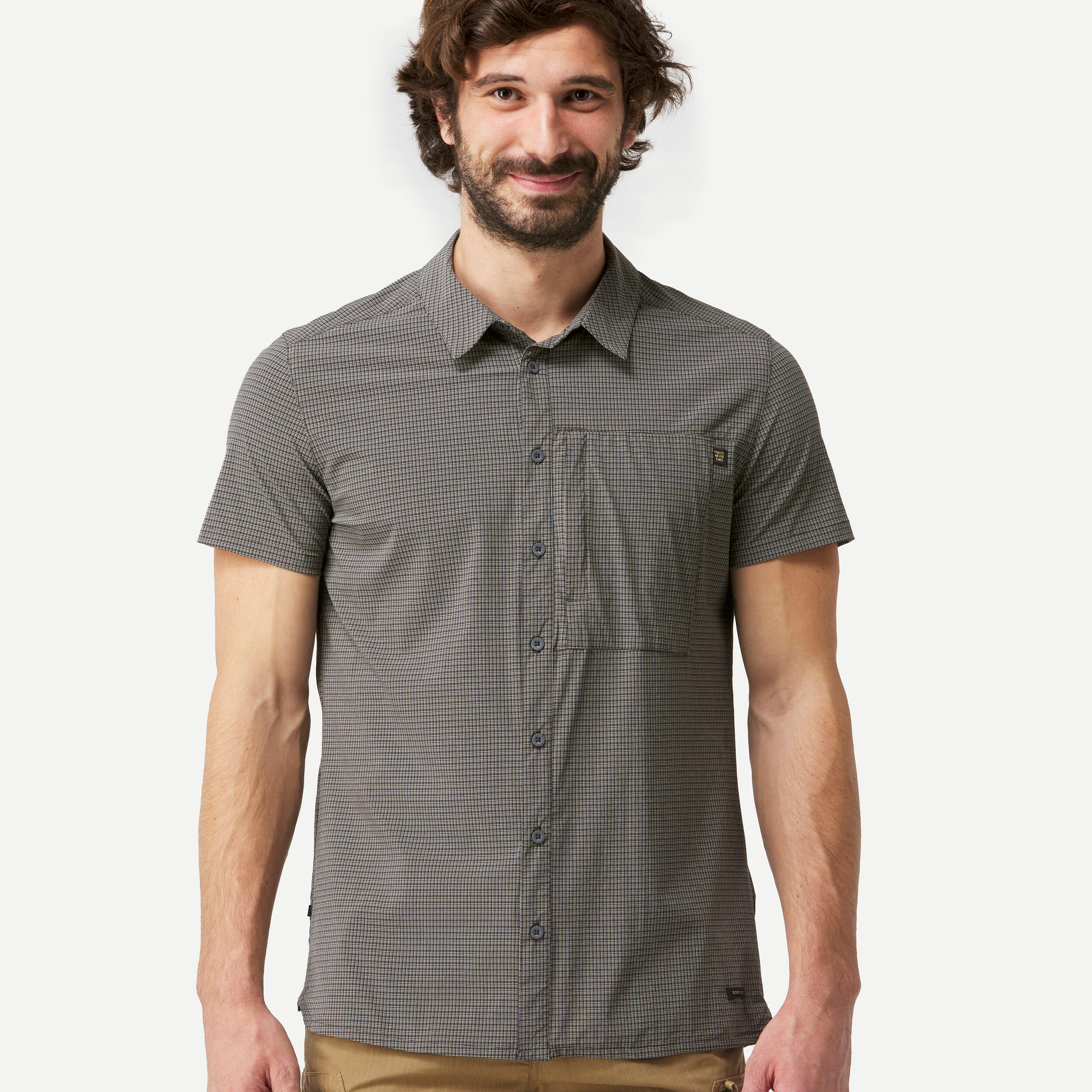 Men's Short-Sleeved Hiking Shirt - Travel 500 - Carbon grey, Linen
