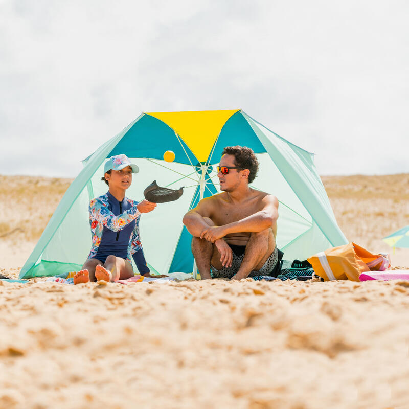 Parasol de plage PARUV Windstop turquoise jaune vert foncé UPF50+ 2 places