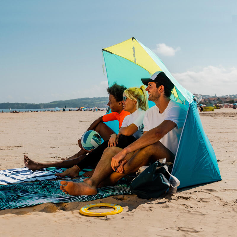 Parasol Abri plage solaire Iwiko 180 bleu jaune UPF50+ 3 places