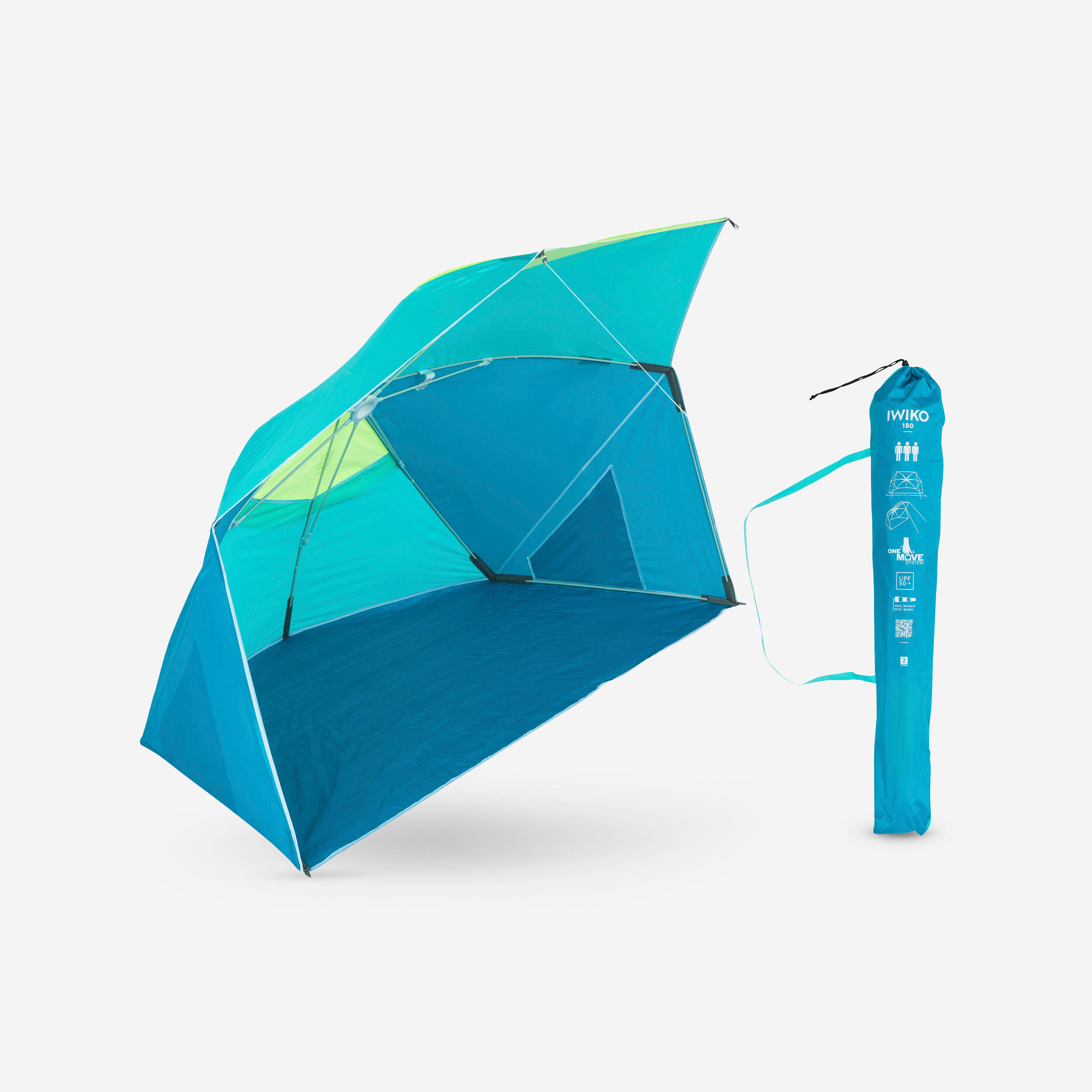 parasol abri plage solaire iwiko 180 bleu jaune upf50+ 3 places - decathlon
