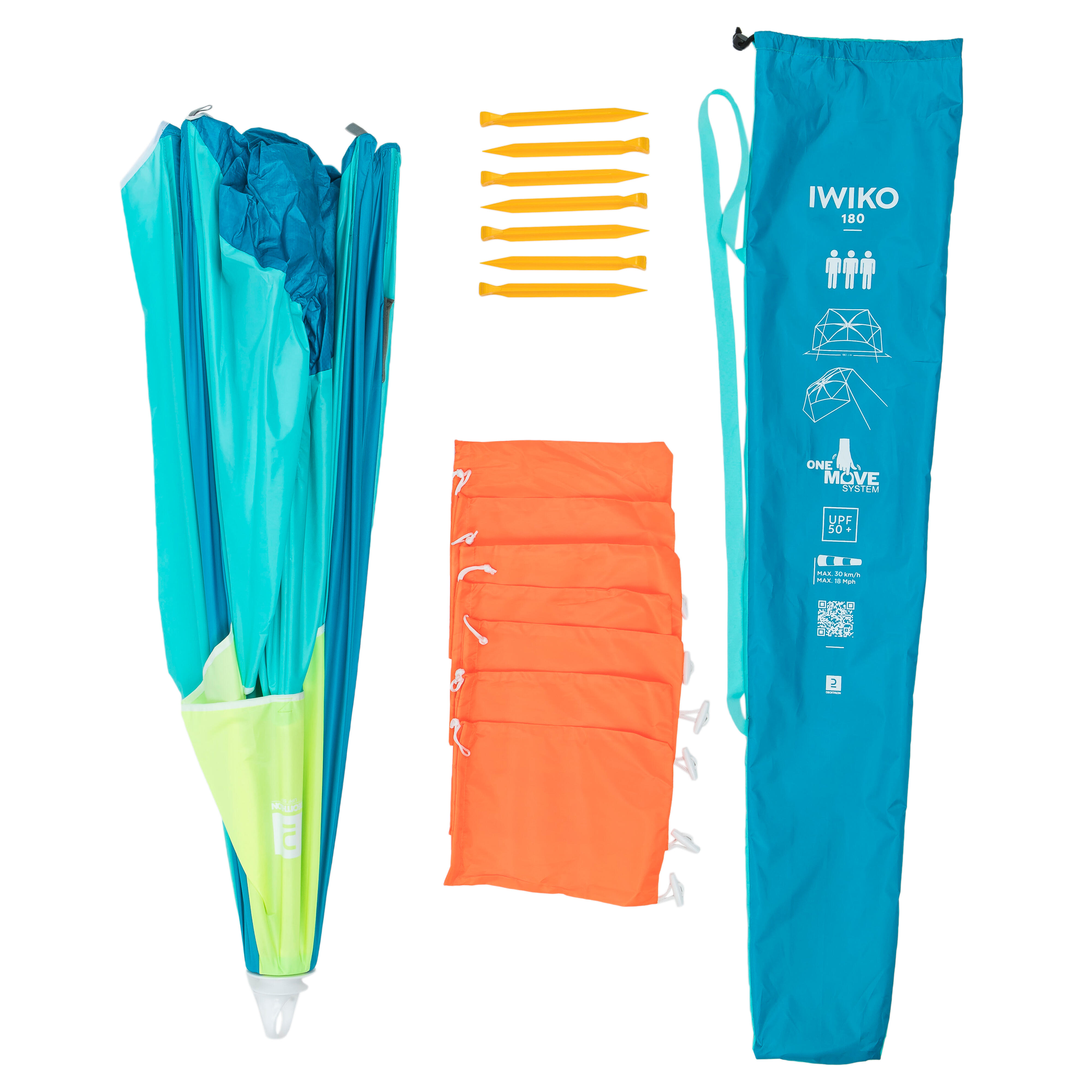 3-Person UPF 50+ Beach Parasol - 180 Blue/Yellow - DECATHLON