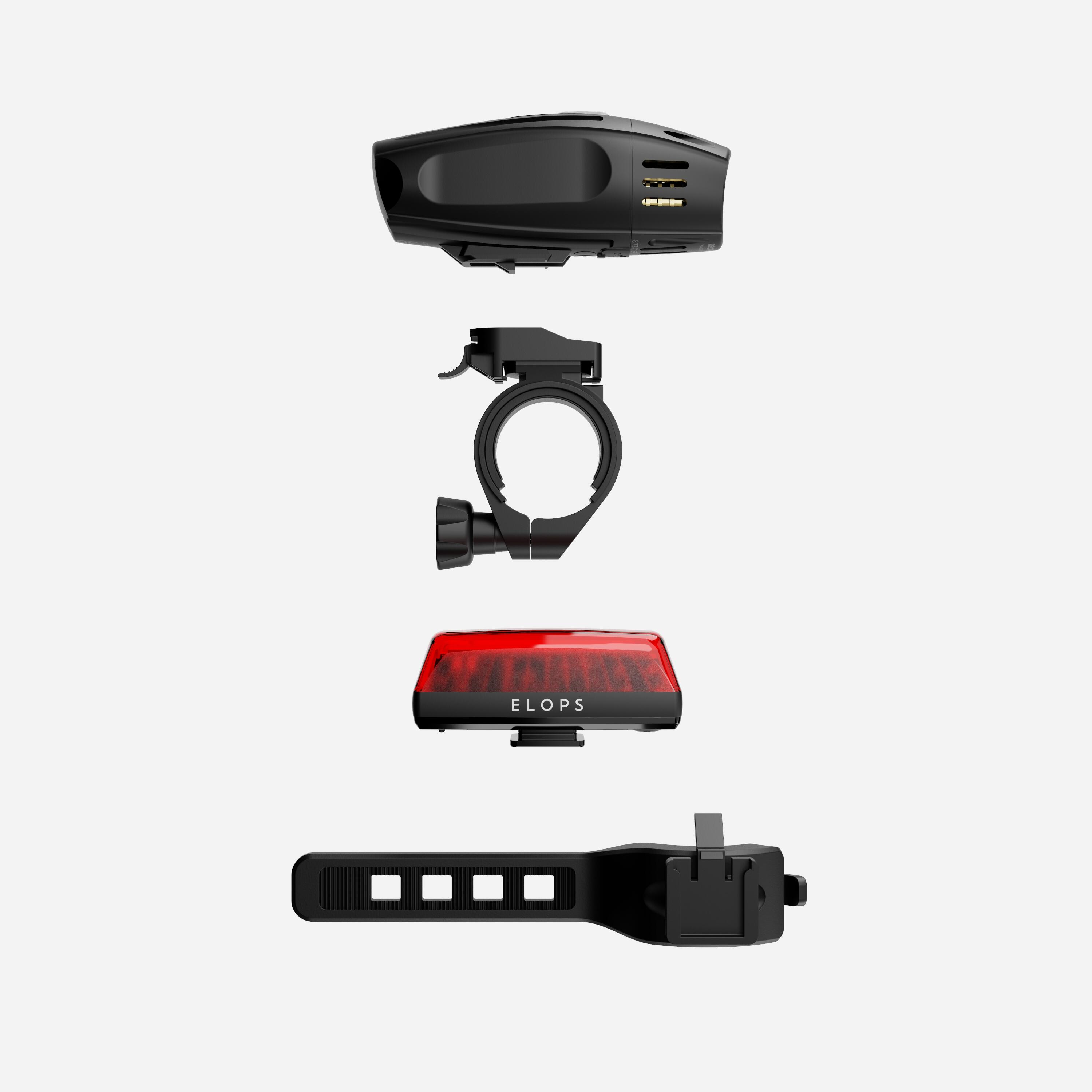Powerful front and rear USB LED bike light set ELOPS Decathlon