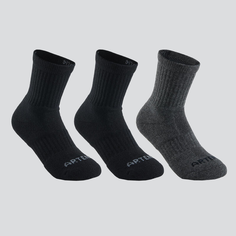 Vysoké tenisové ponožky RS500 černé a šedé 3 páry 