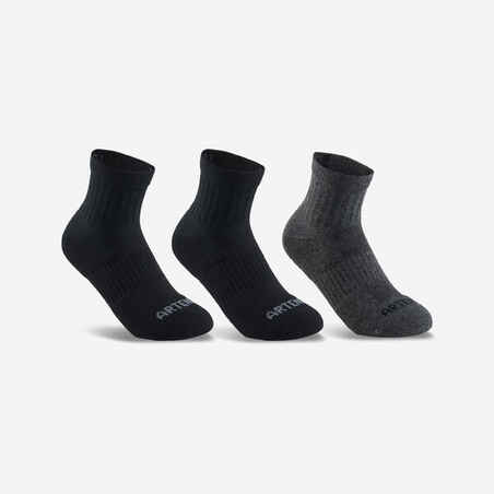 CHAUSSETTES DE SPORT ENFANT MI-HAUTES ARTENGO RS 500 NOIR GRIS LOT DE 3