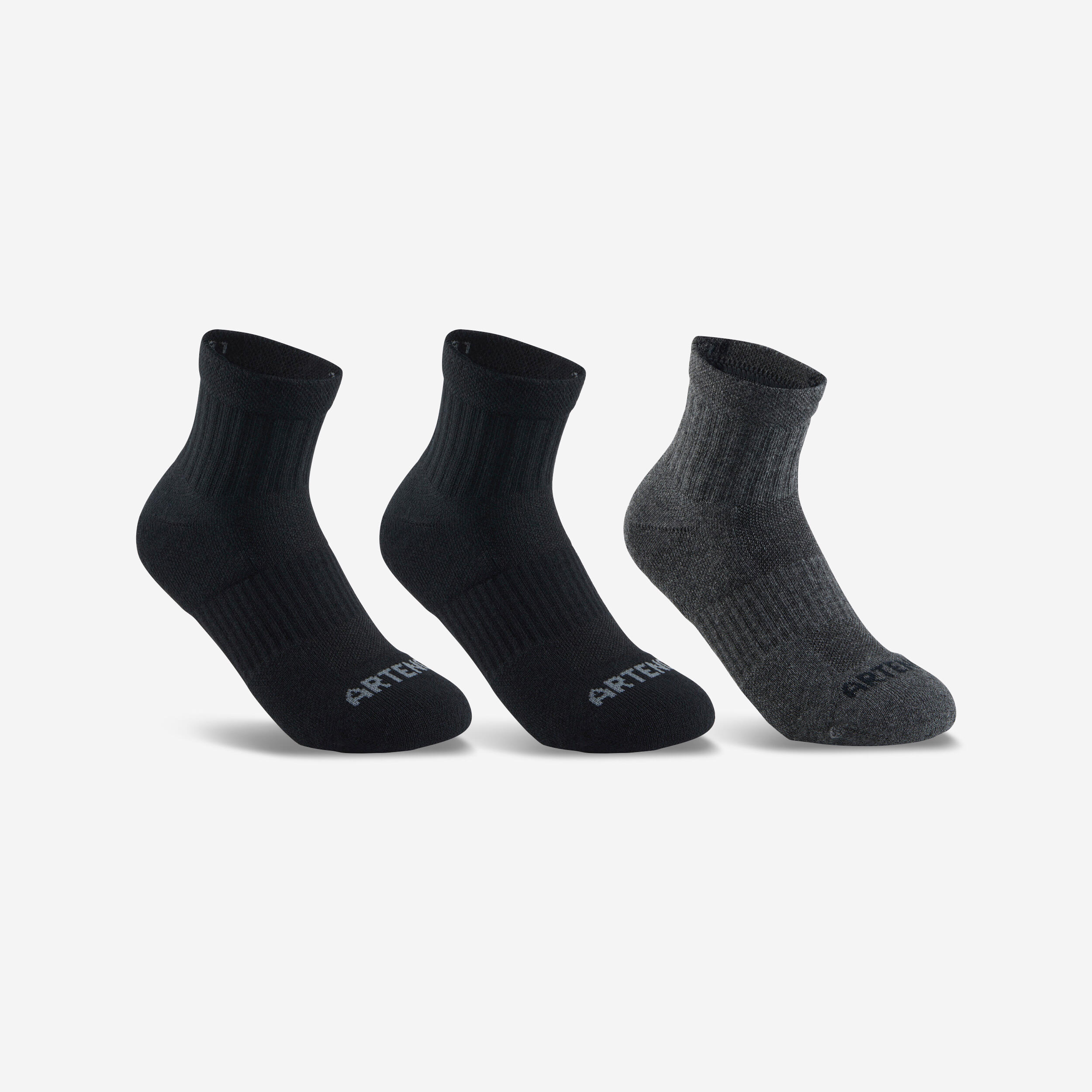 CHILDREN'S HALF-HEIGHT SPORTS SOCKS ARTENGO RS 500 BLACK GREY PACK OF 3