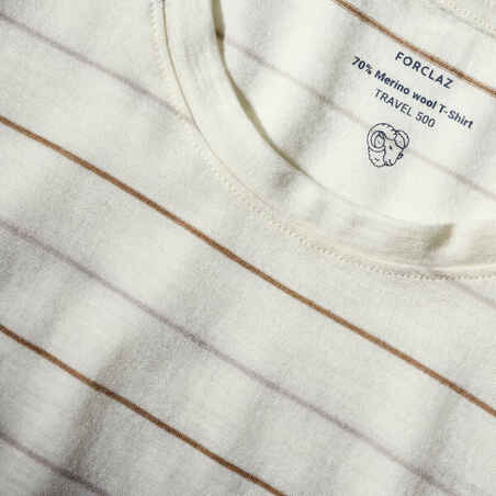 Men’s short-sleeved Merino wool hiking travel t-shirt - TRAVEL 500 white