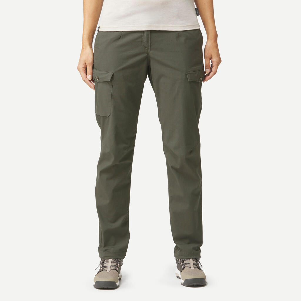 WOMEN’S TREKKING & TRAVEL CARGO TROUSERS - TRAVEL 100 - KHAKI