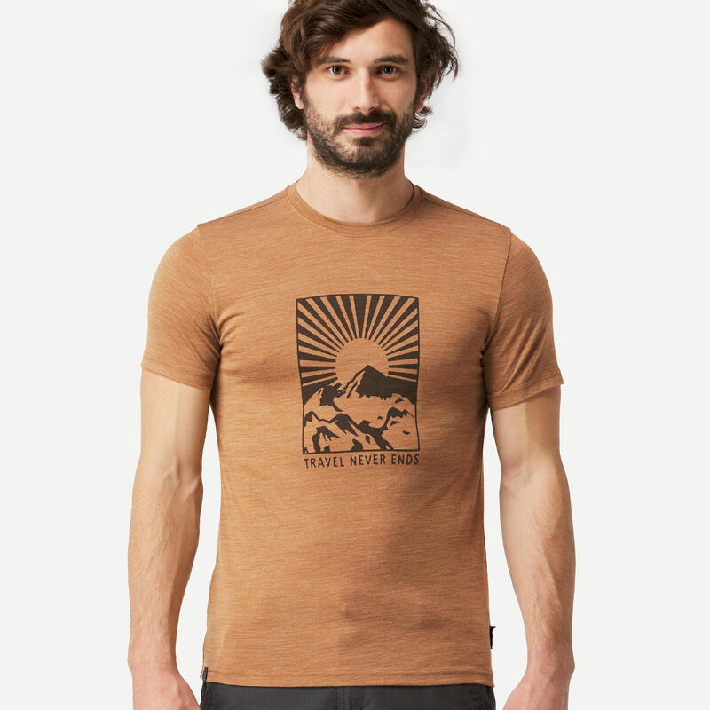 T-shirt laine mérinos de trek voyage - TRAVEL 100 marron
