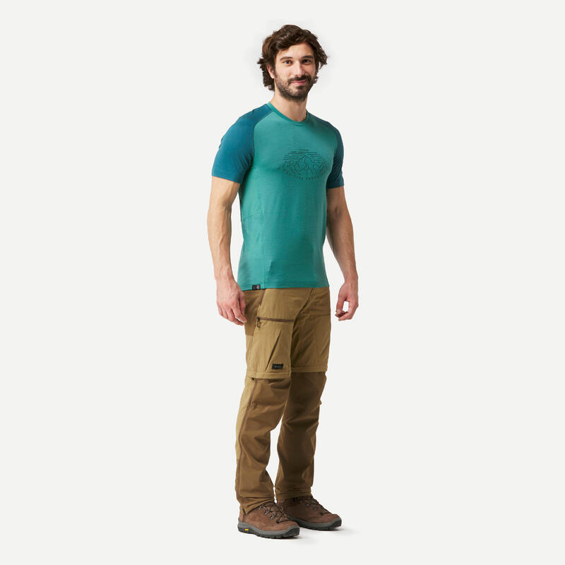 T-shirt lana merinos trekking uomo MT500 WOOL turchese