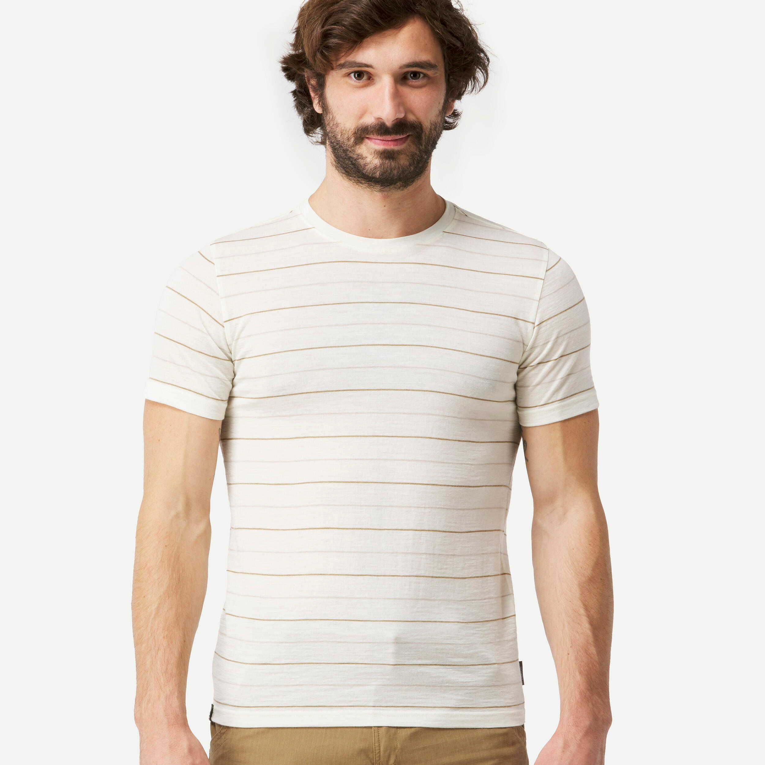 Men’s short-sleeved Merino wool hiking travel t-shirt - TRAVEL 500 white 2/6