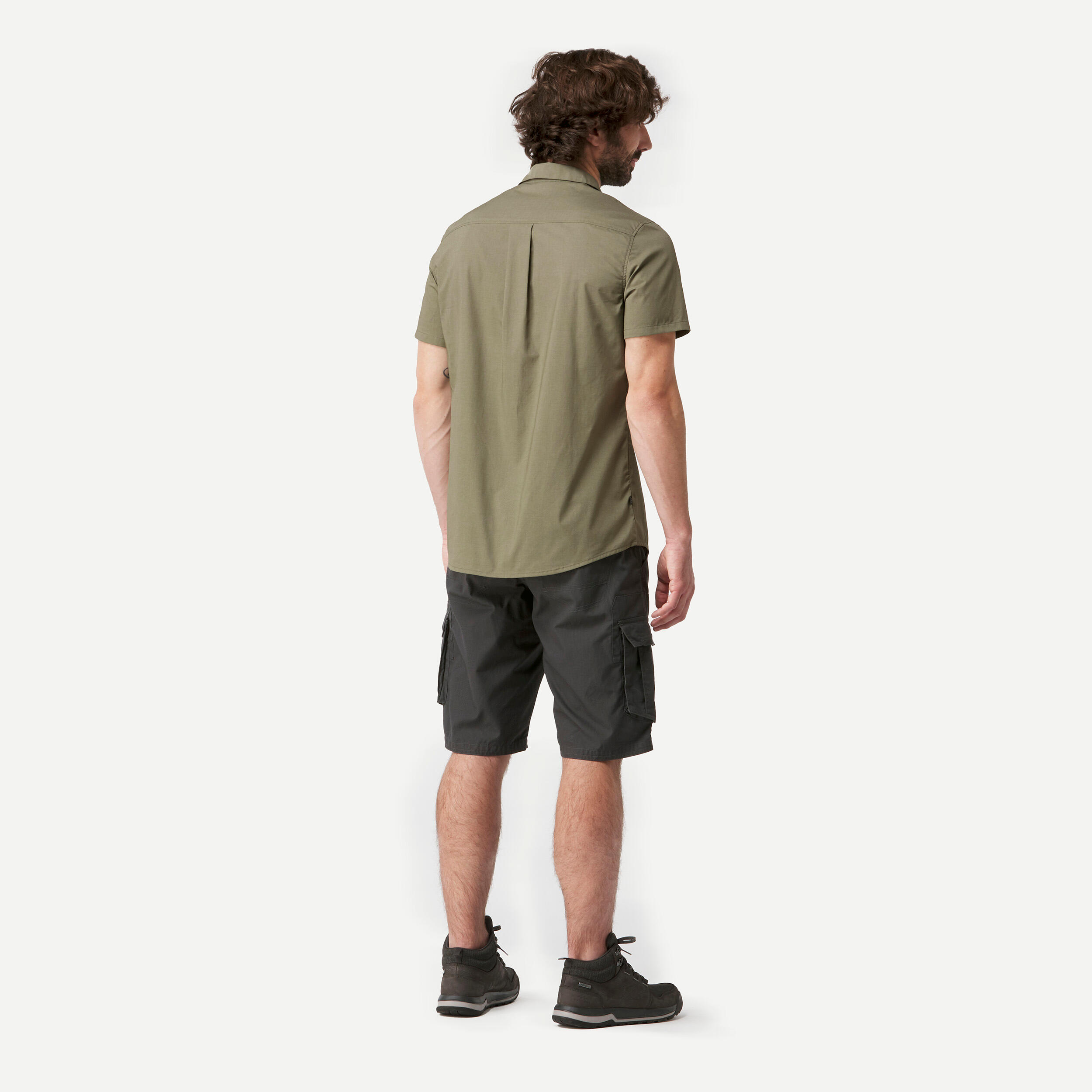 MEN'S SHORT-SLEEVED TRAVEL TREKKING SHIRT TRAVEL 100 BROWN