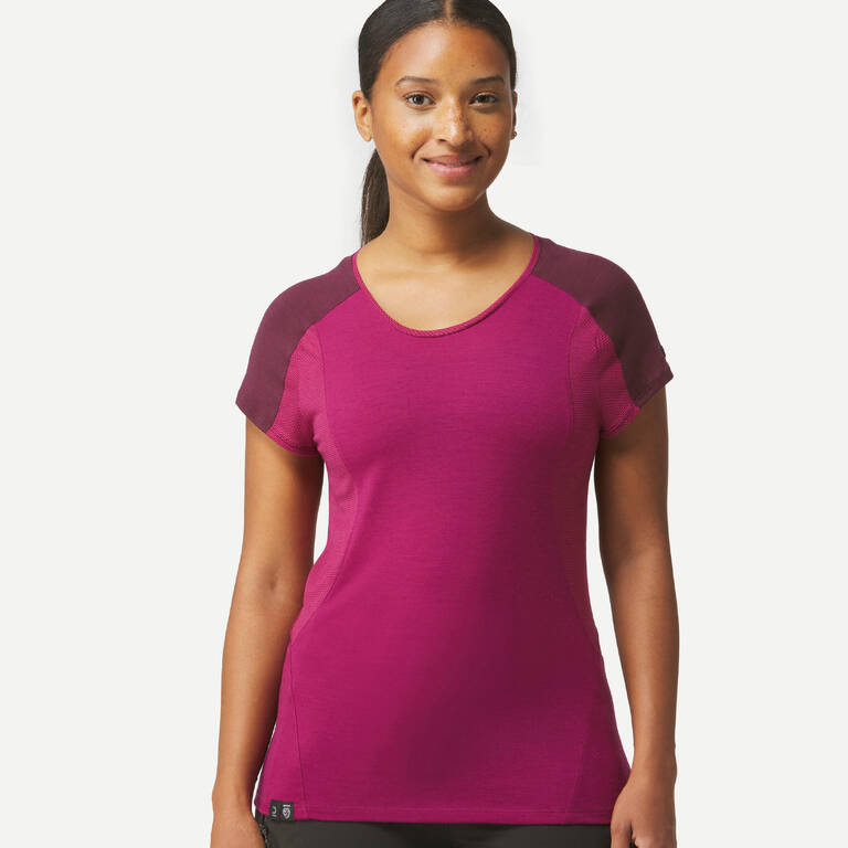 T-shirt Trekking Wol Merino Lengan Pendek Wanita - MT500