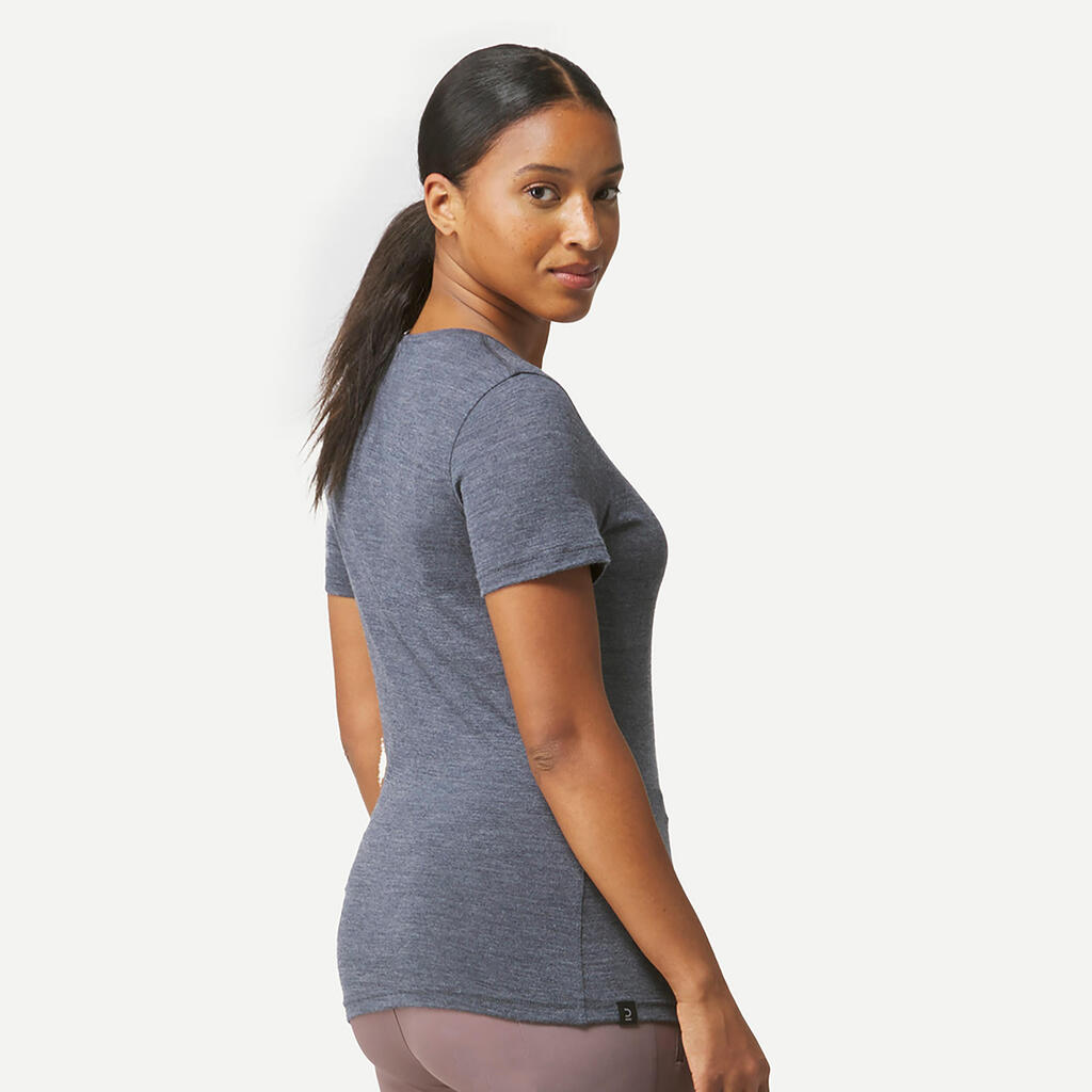 T-shirt de trek voyage manches courtes laine mérinos Femme - TRAVEL 500
