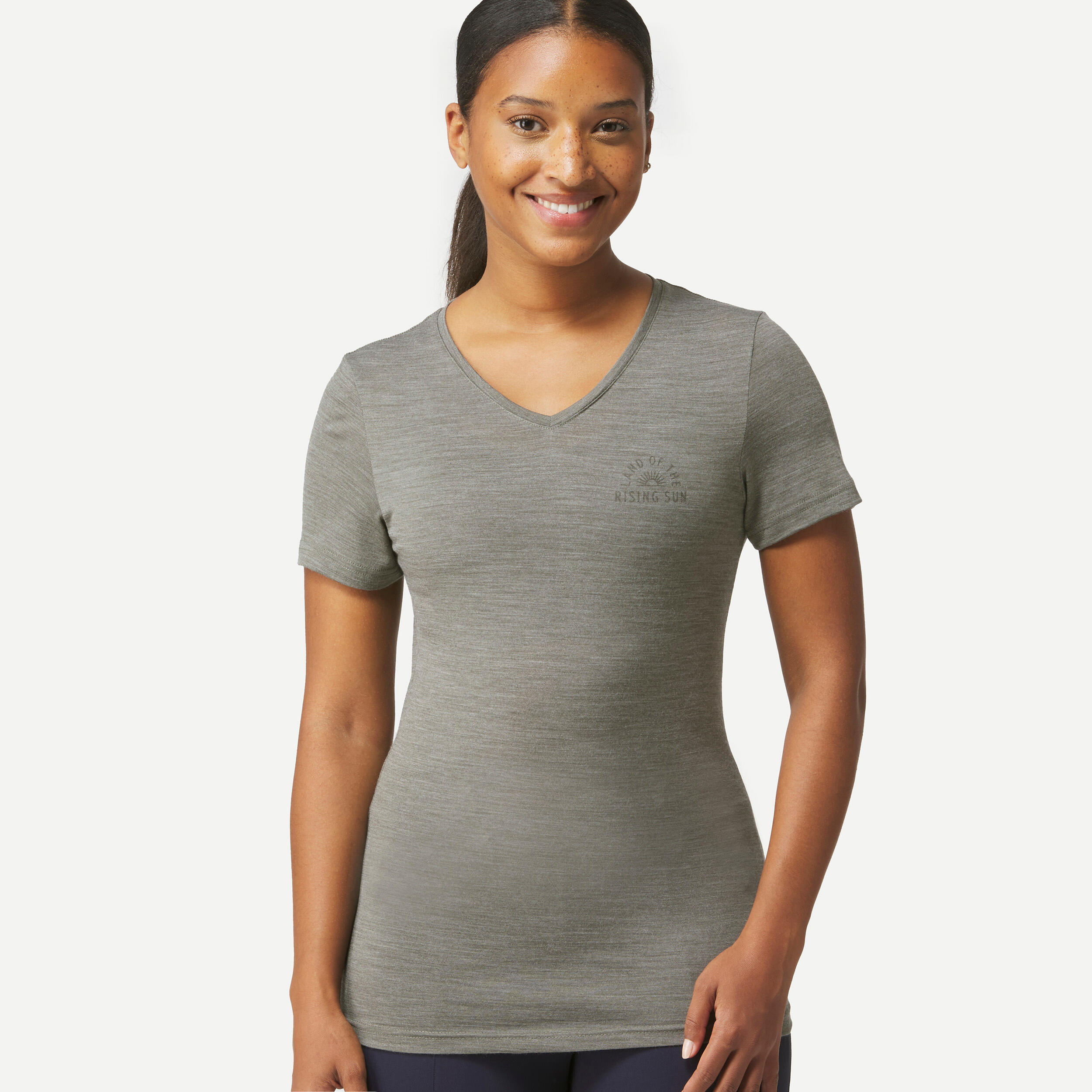 T shirt en laine merinos femme Travel 500 Vert Kaki Cendr Forclaz Decathlon
