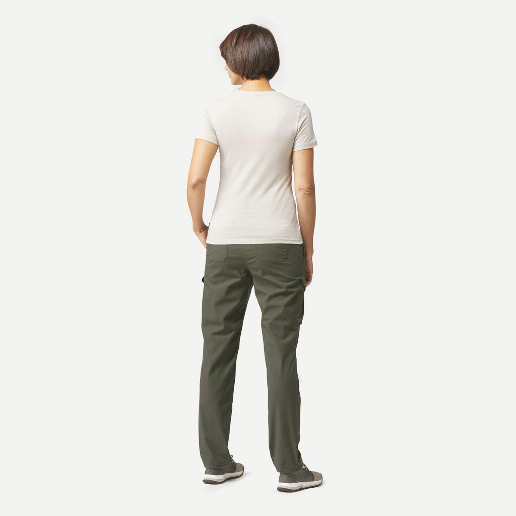 WOMEN’S TREKKING & TRAVEL CARGO TROUSERS - TRAVEL 100 - KHAKI