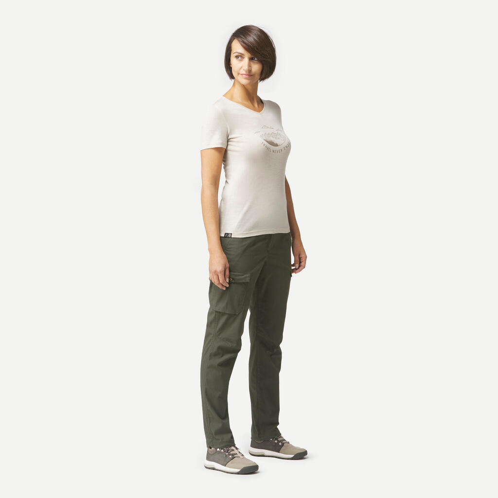 WOMEN’S TREKKING & TRAVEL CARGO TROUSERS - TRAVEL 100 - KHAKI