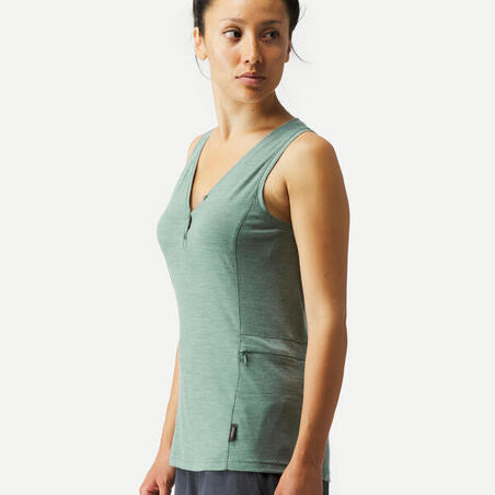 Majica bez rukava za treking Travel 500 od merino vune ženska - zelena