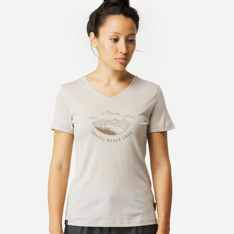 Camiseta de montaña y trekking manga corta  lana merino Mujer Forclaz Travel 500