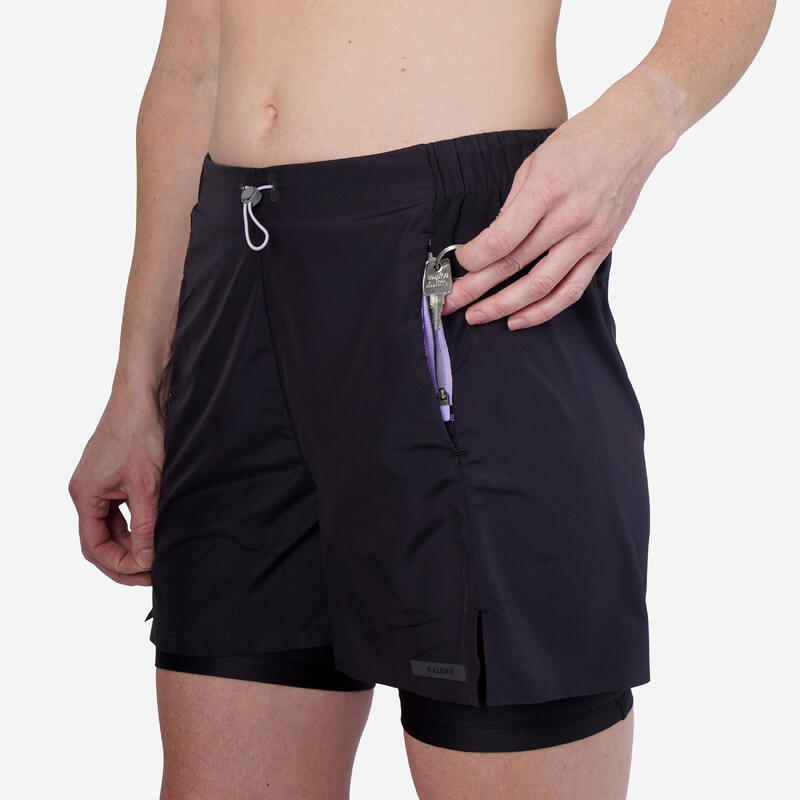 Ademende 2-in-1-hardloopshort voor dames Run 500 Dry zwart