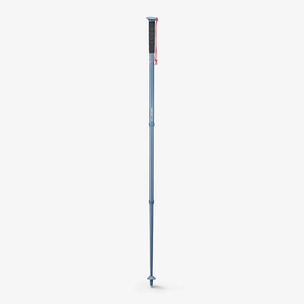 Blue adjustable hiking pole with a padded grip and wrist strap
