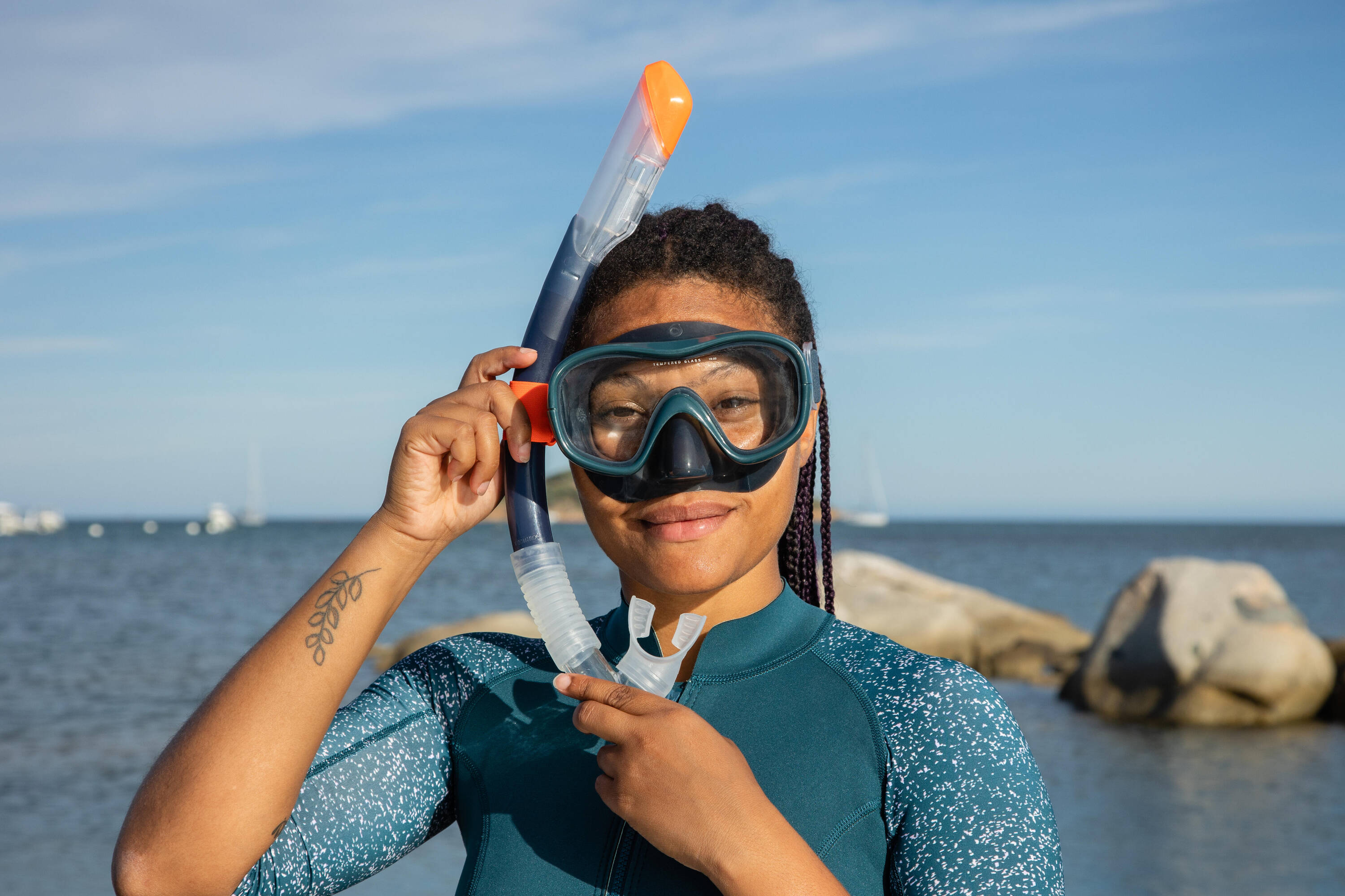 Adult Dry diving snorkel with drytop valve system - 100 Dry Top Grey -  3