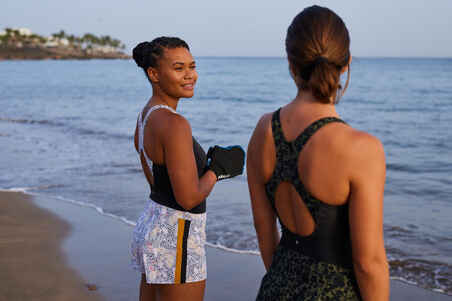 Women's 1-piece loose Aquafit swimsuit shorts Sofi Lica Black Khaki -  Decathlon