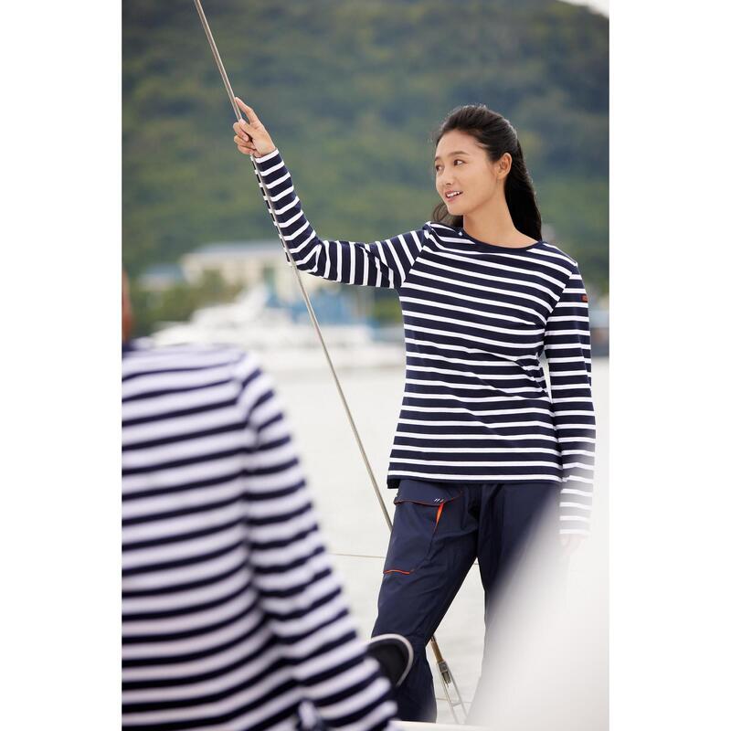 T-Shirt Manches longues - marinière de voile femme Sailing 100 Bleu blanc