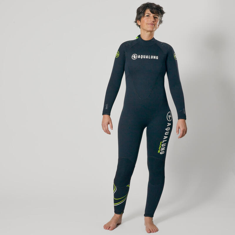 Dameswetsuit voor diepzeeduiken WAVE neopreen 5,5 mm zwart/geel