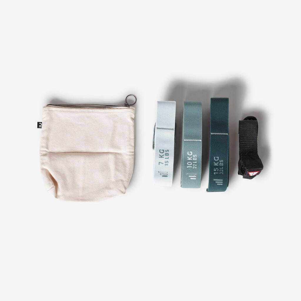 3 fitnesa pretestības lentu komplekts “toneband”, 7, 10 un 15 kg pretestība