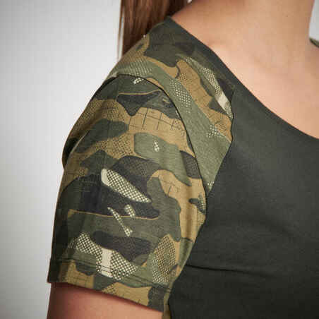Moteriški medžiokliniai medvilniniai trumparankoviai marškinėliai „300“, žalio kamufliažo