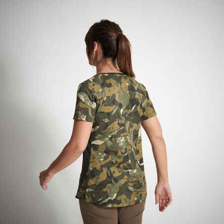 WOMEN'S SHORT-SLEEVED HUNTING T-SHIRT 300 COTTON CAMOUFLAGE GREEN