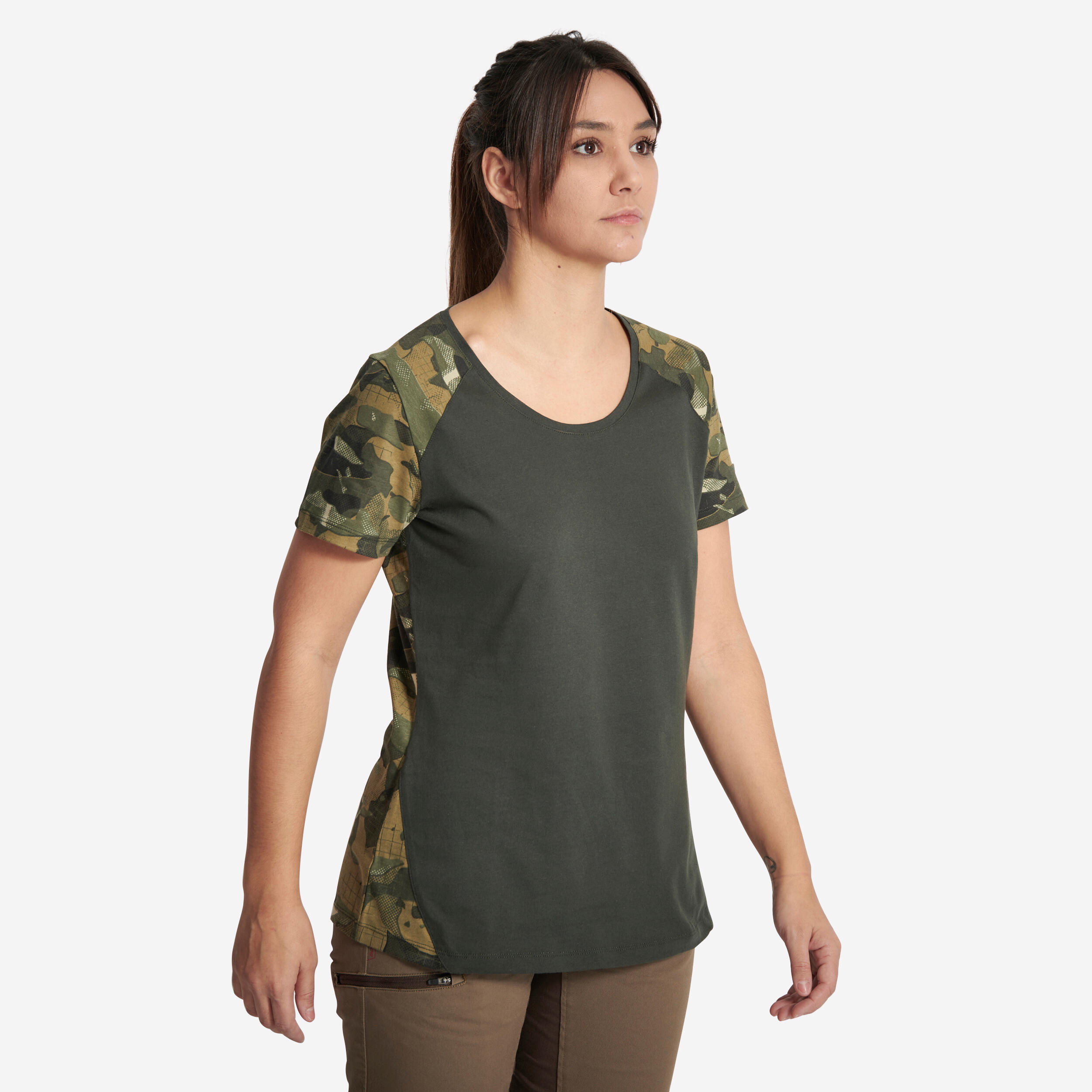 WOMEN'S SHORT-SLEEVED HUNTING T-SHIRT 300 COTTON CAMOUFLAGE GREEN 1/3