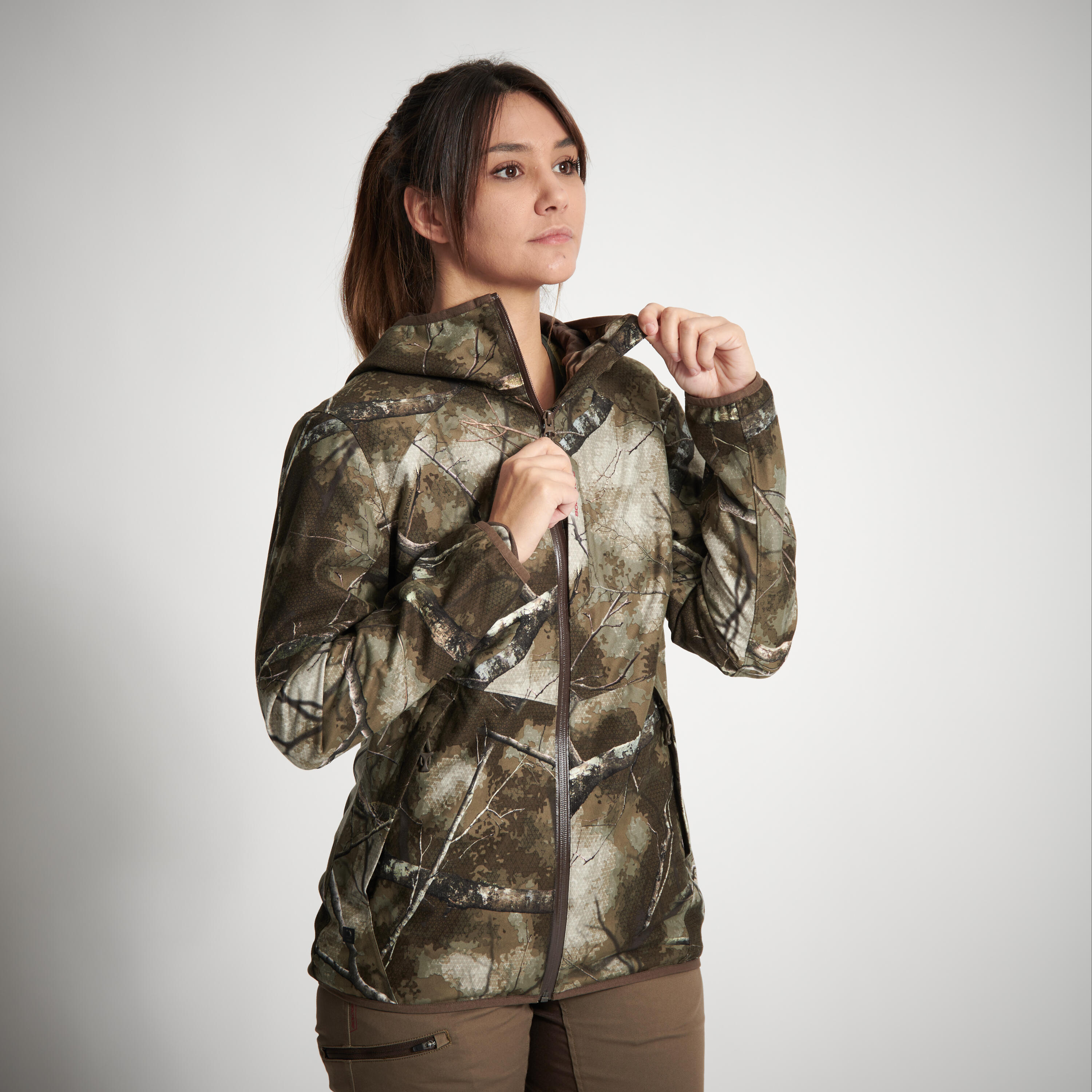 Chaqueta Caza Solognac 500 Mujer Camuflaje Impermeable Silenciosa 6/9