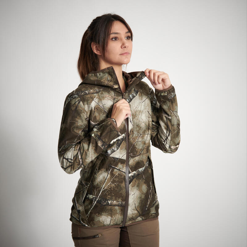 VESTE CHASSE FEMME IMPERMEABLE  SILENCIEUSE CAMOUFLAGE 500