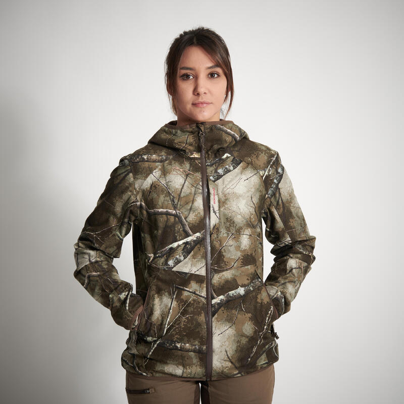 VESTE CHASSE FEMME IMPERMEABLE  SILENCIEUSE CAMOUFLAGE 500