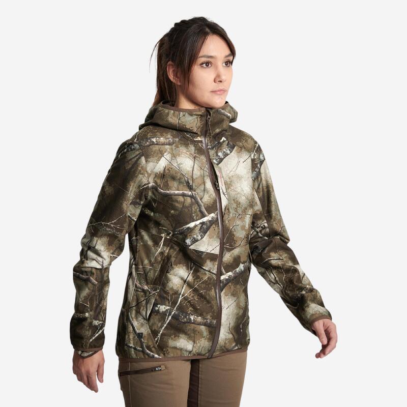 VESTE CHASSE FEMME IMPERMEABLE  SILENCIEUSE CAMOUFLAGE 500
